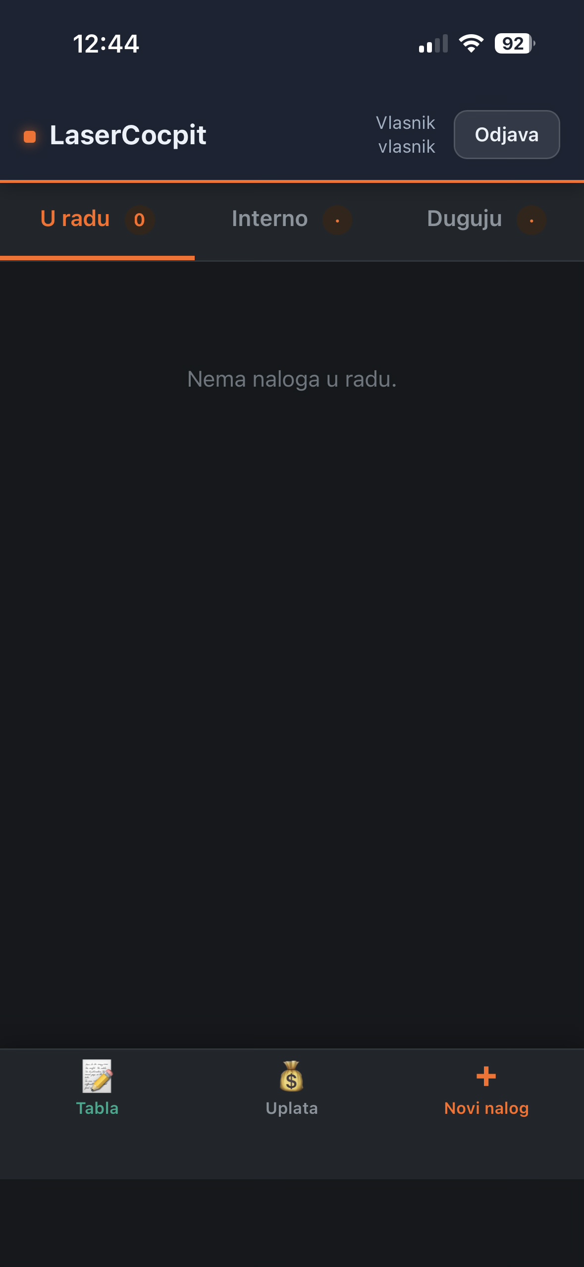 LaserCocpit vlasnički mobilni pregled naloga