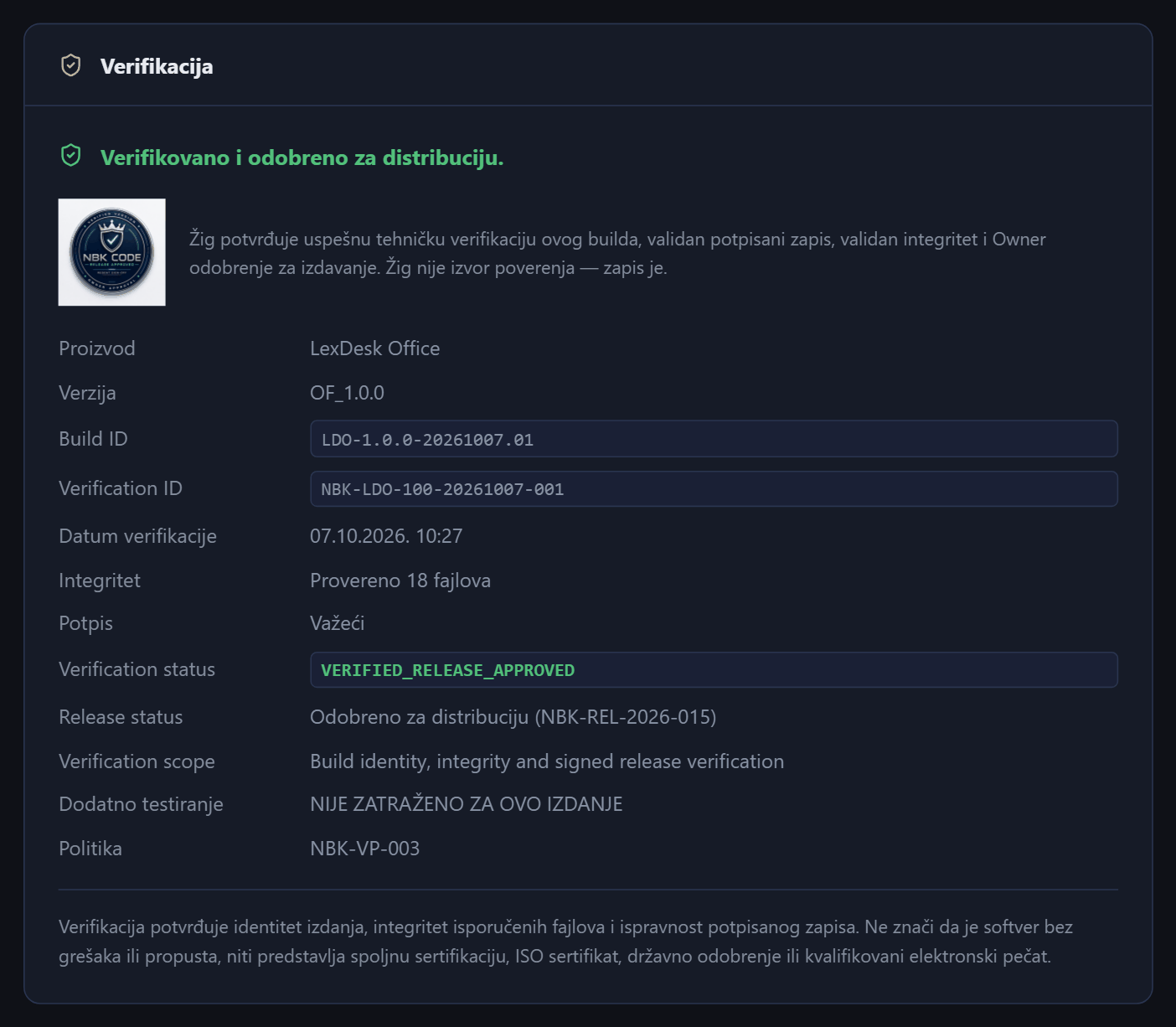 LexDesk Office verifikacija izdanja OF_1.0.0 sa statusom odobreno za distribuciju