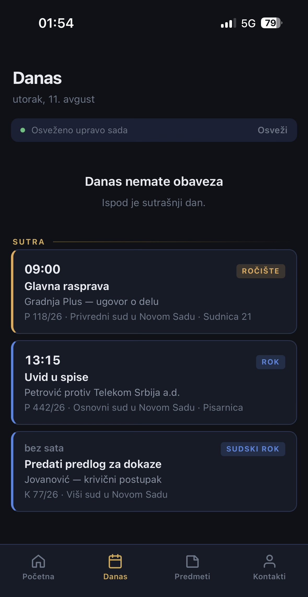LexDesk Companion ekran Danas sa ročištima i rokovima