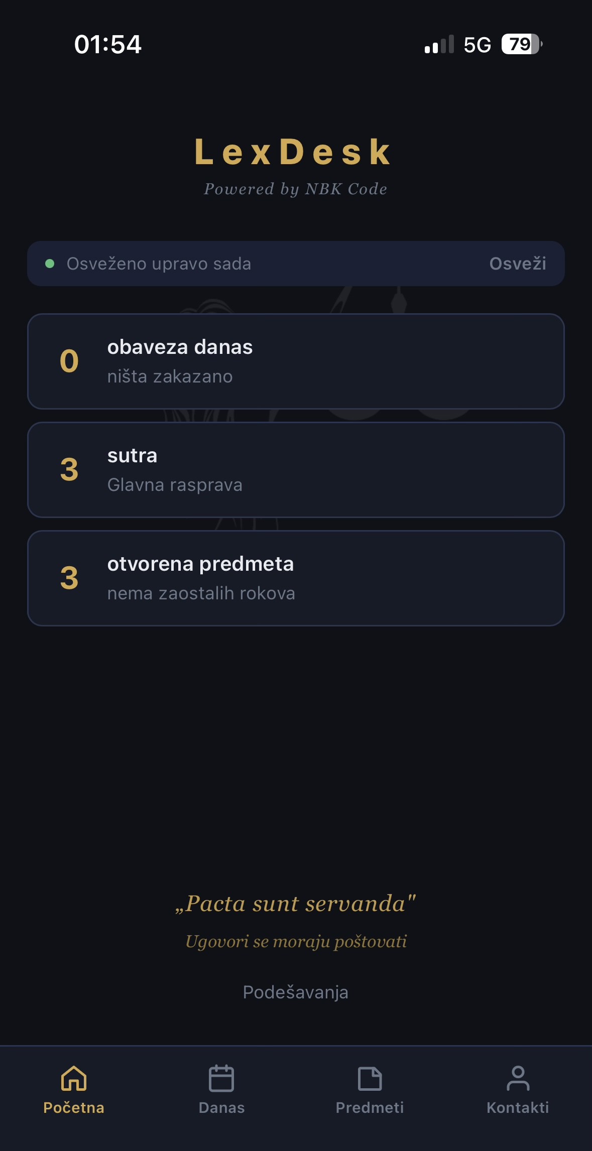 LexDesk Companion početna strana sa pregledom današnjih i sutrašnjih obaveza