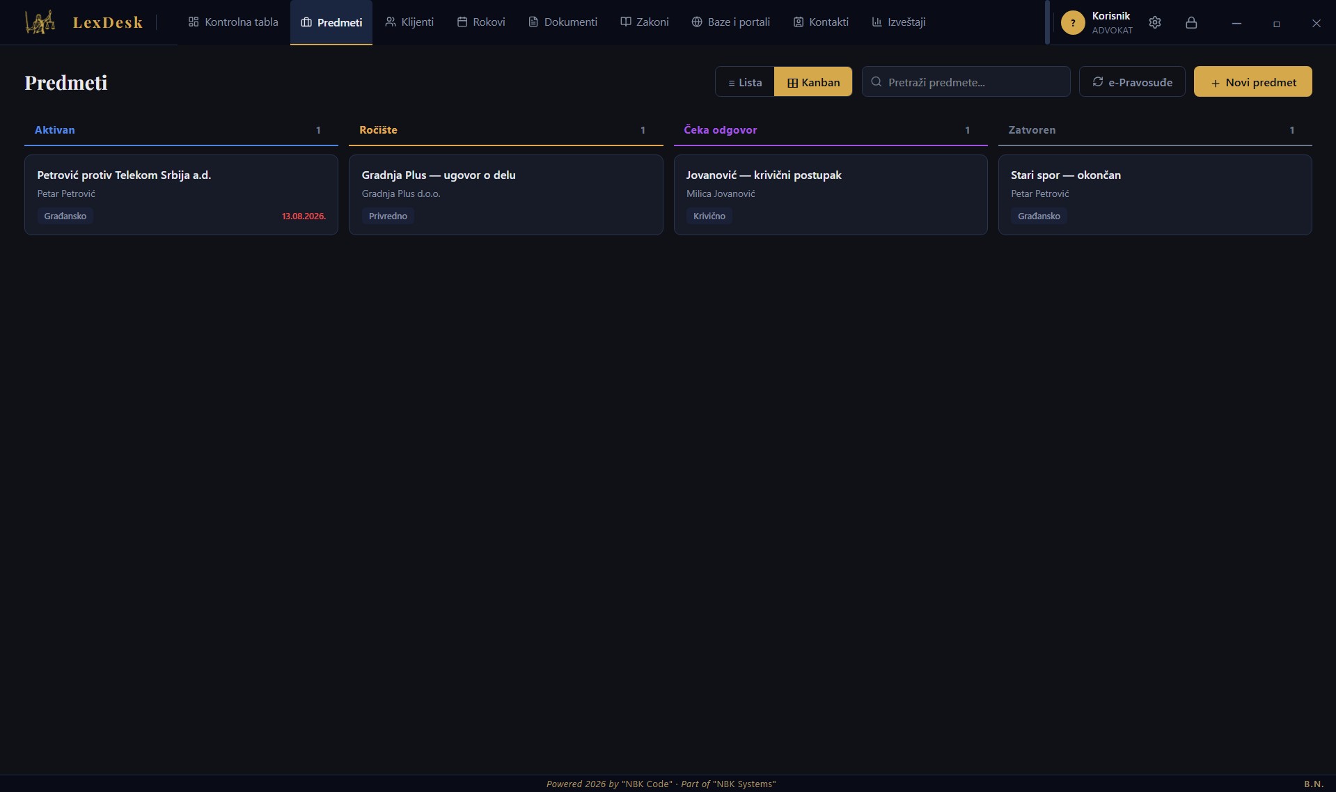 LexDesk Kanban prikaz predmeta prema fazi rada