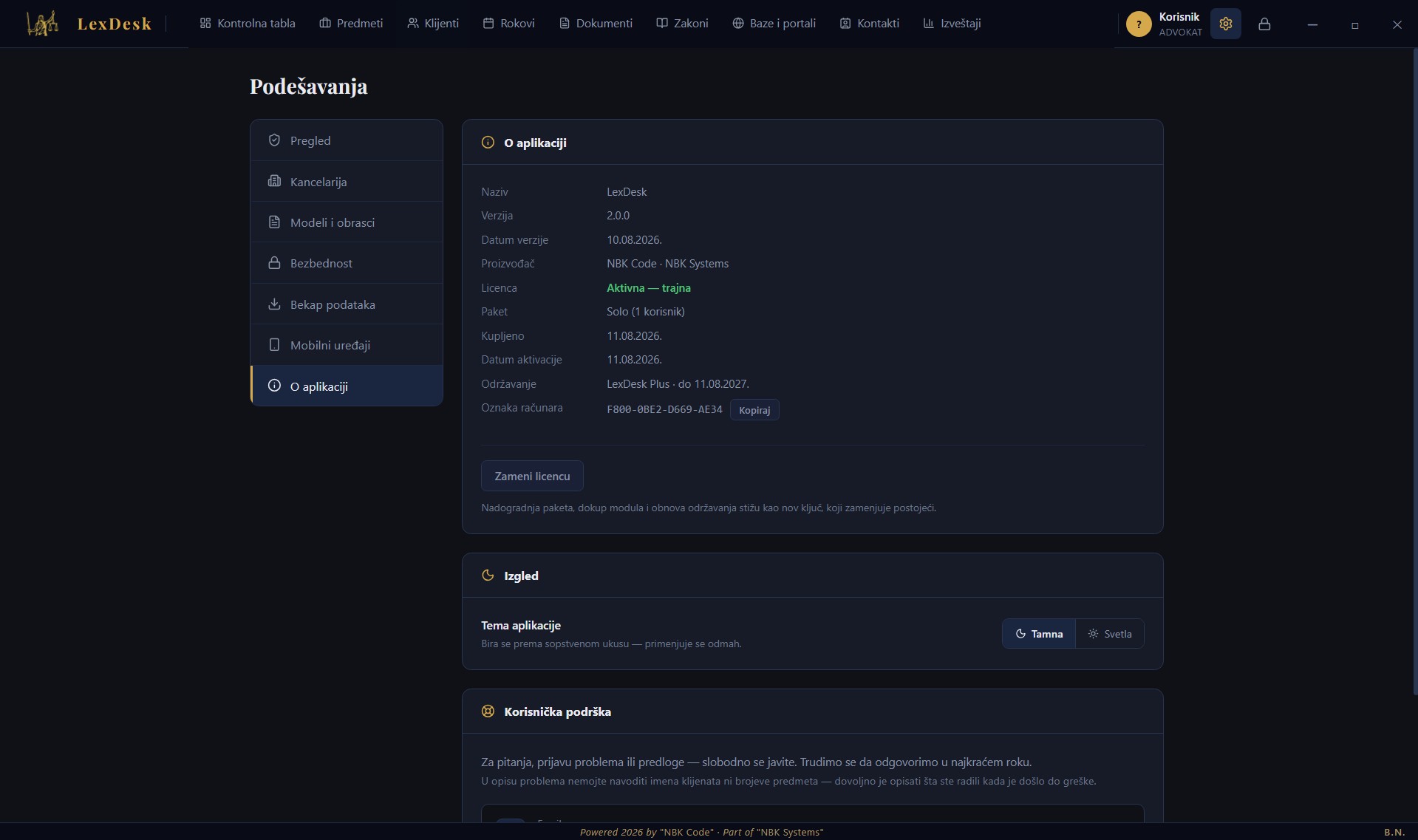 LexDesk ekran O aplikaciji sa verzijom, trajnom licencom, održavanjem i opcijom zamene licence