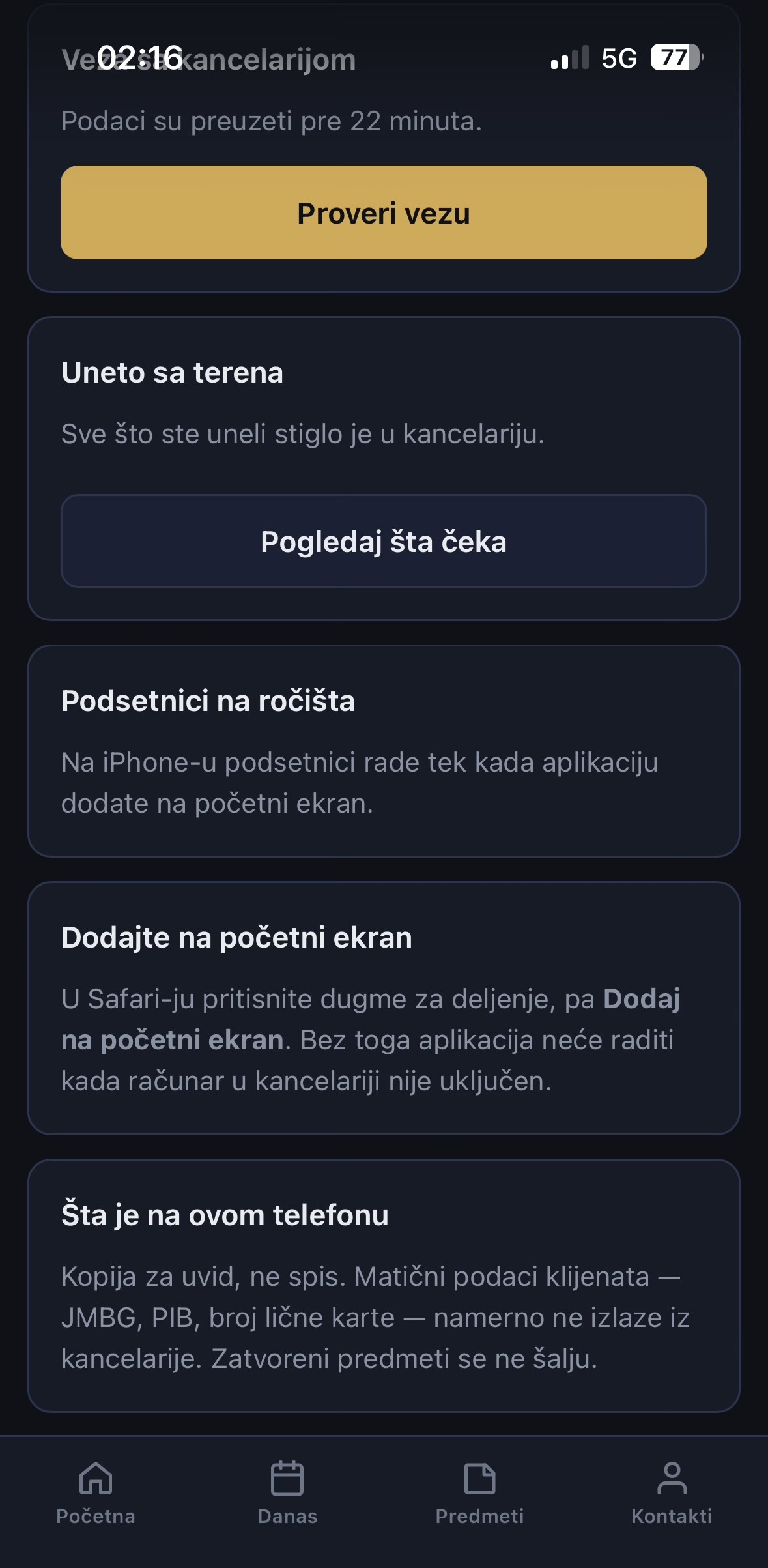LexDesk Companion opis veze, terenskog unosa, podsetnika i podataka dostupnih na telefonu