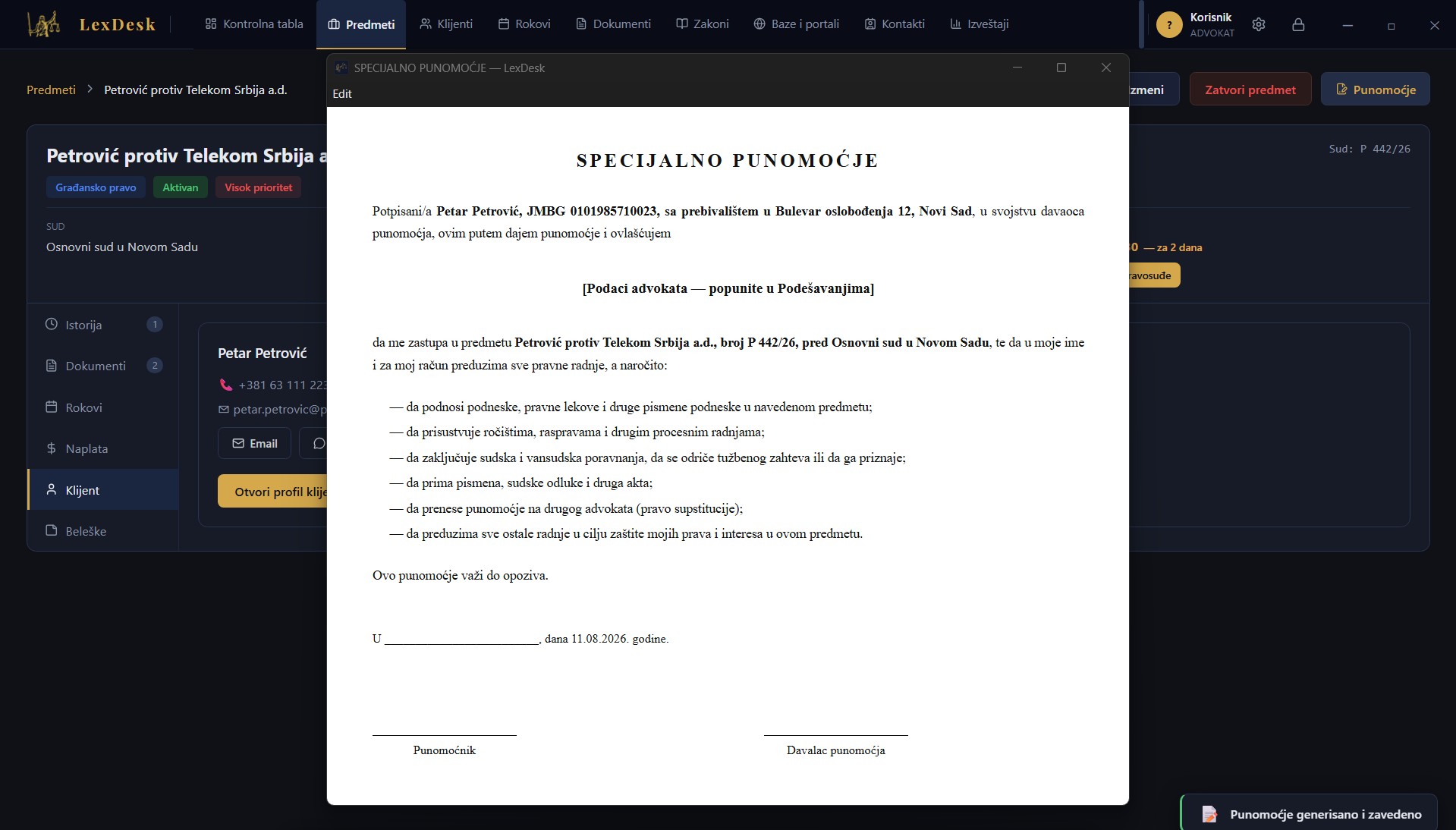 LexDesk automatski generisano specijalno punomoćje povezano sa predmetom