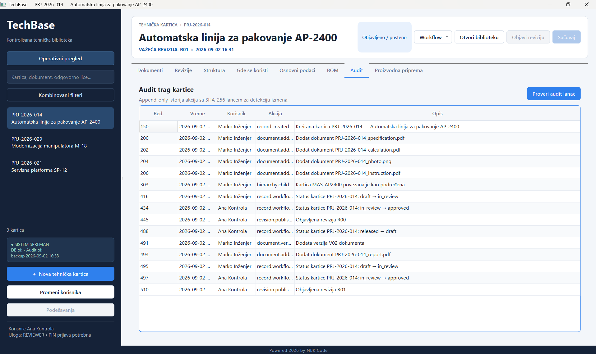 TechBase audit trag kartice sa append-only istorijom akcija, korisnicima i opisima izmena