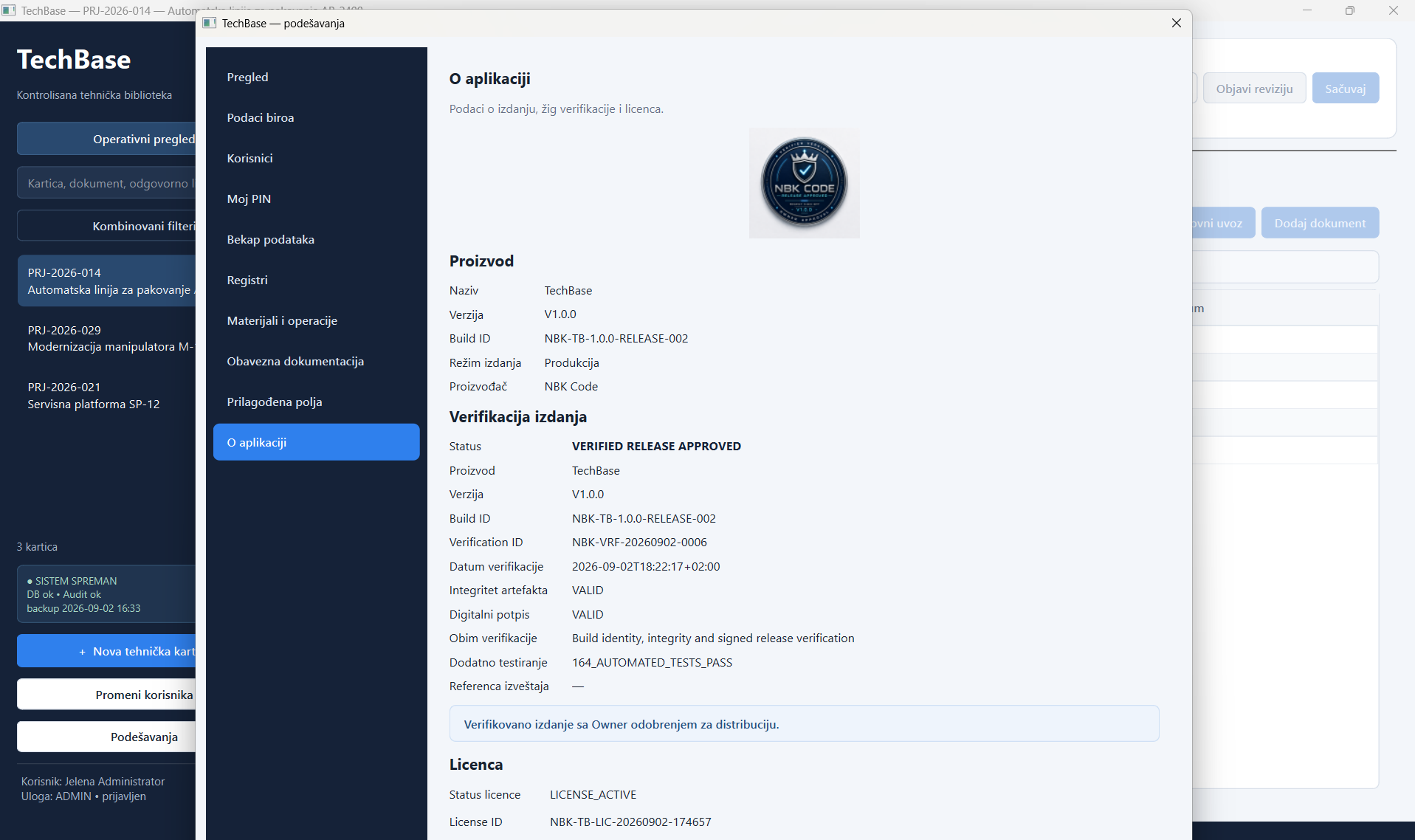 TechBase ekran O aplikaciji sa podacima o izdanju, žigom verifikacije i statusom licence