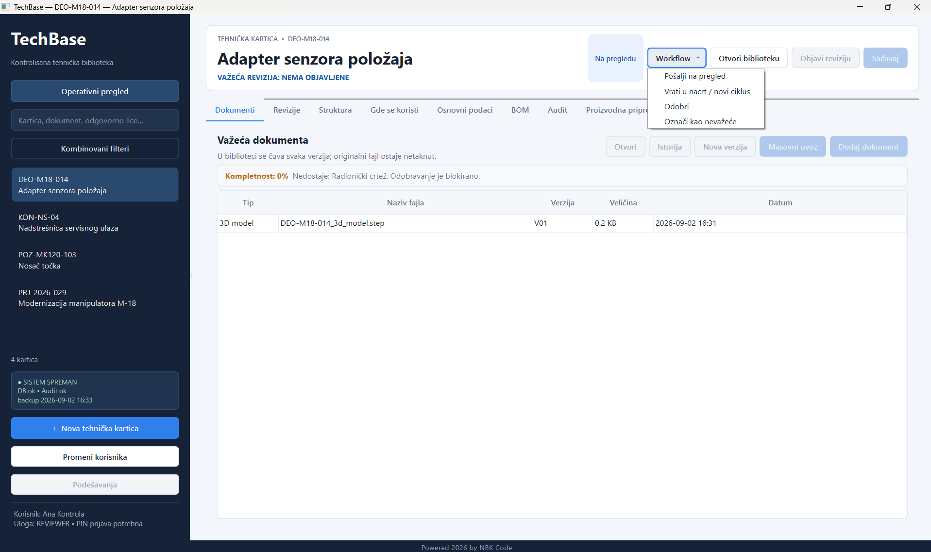 TechBase kartica sa kompletnošću 0 odsto, porukom da nedostaje radionički crtež i otvorenim Workflow menijem