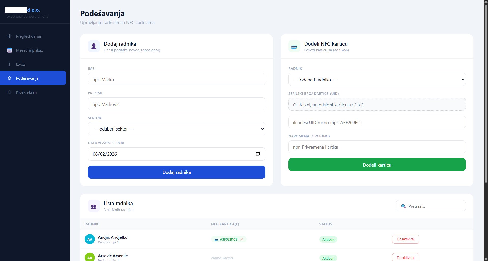 WorkTap — Podešavanja, radnici i NFC kartice