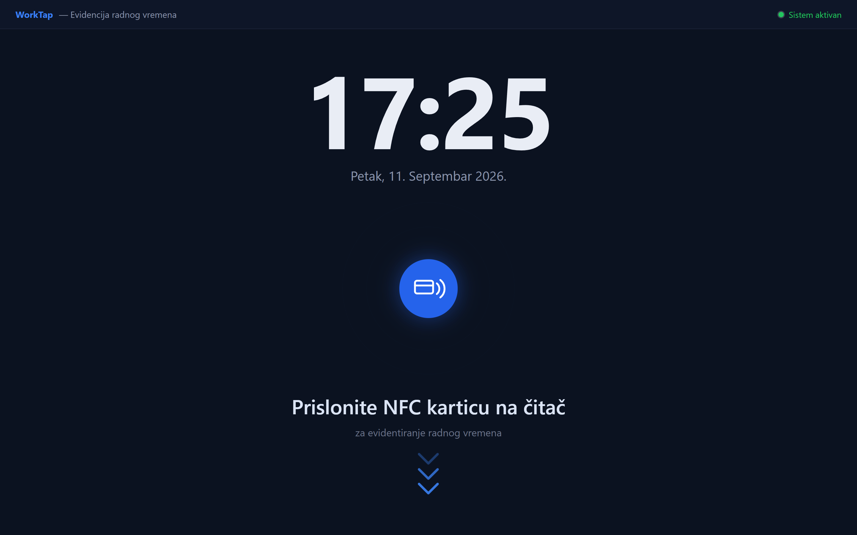 WorkTap kiosk ekran na ulazu sa velikim satom, datumom i pozivom da se prisloni NFC kartica