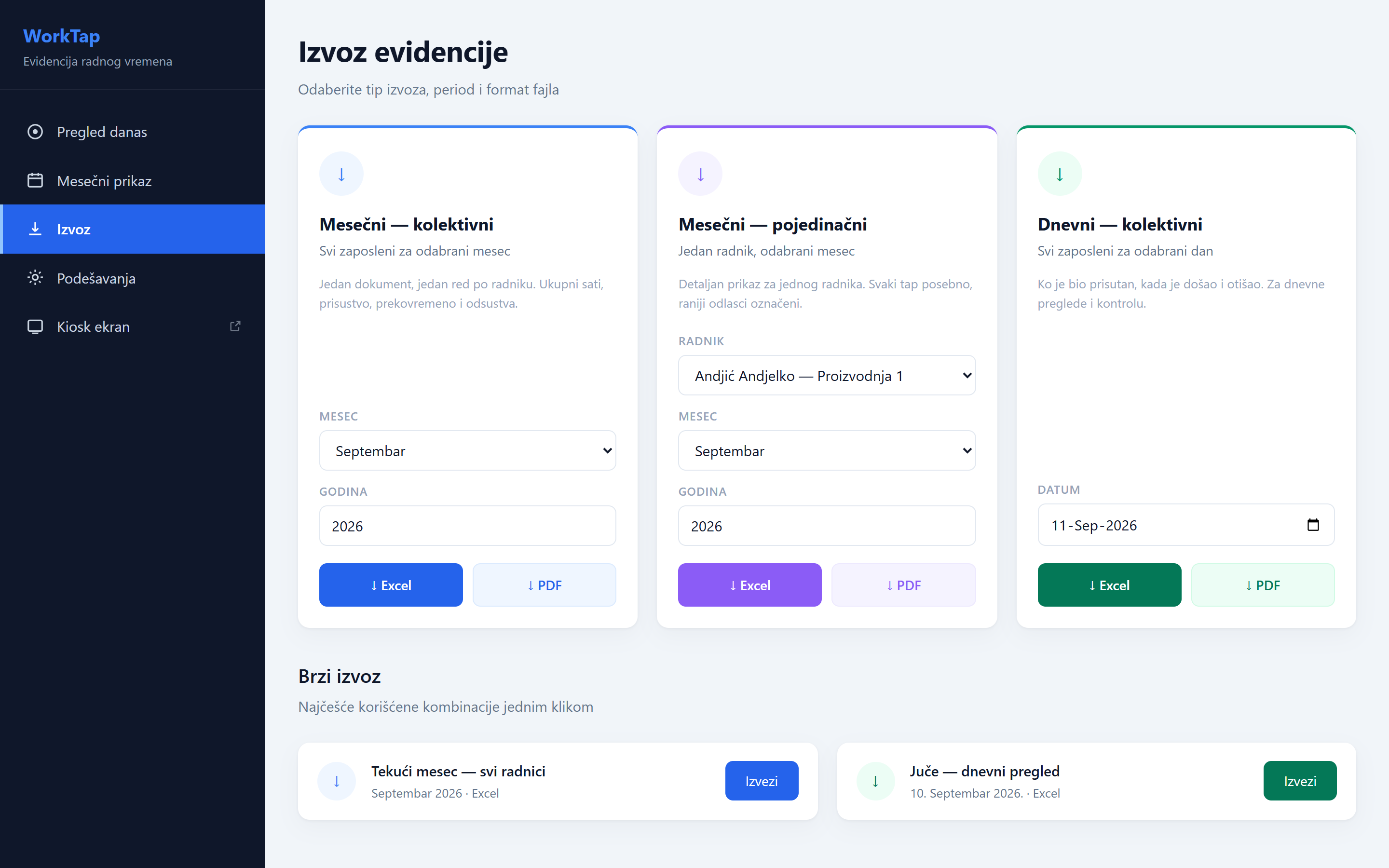 WorkTap ekran za izvoz sa tri vrste izveštaja u Excel i PDF formatu i brzim izvozom jednim klikom