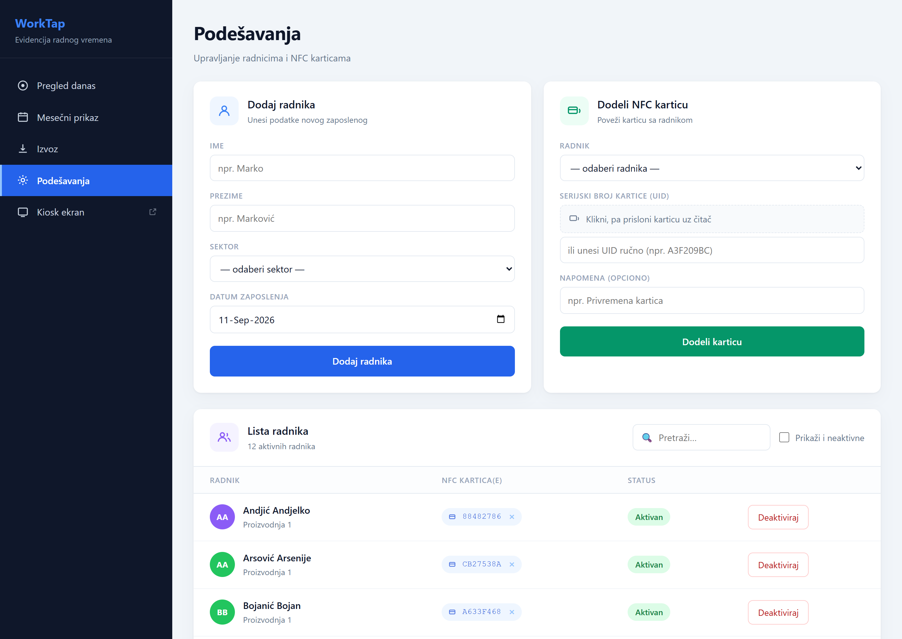 WorkTap podešavanja sa obrascem za dodavanje radnika, dodelom NFC kartice i listom aktivnih radnika